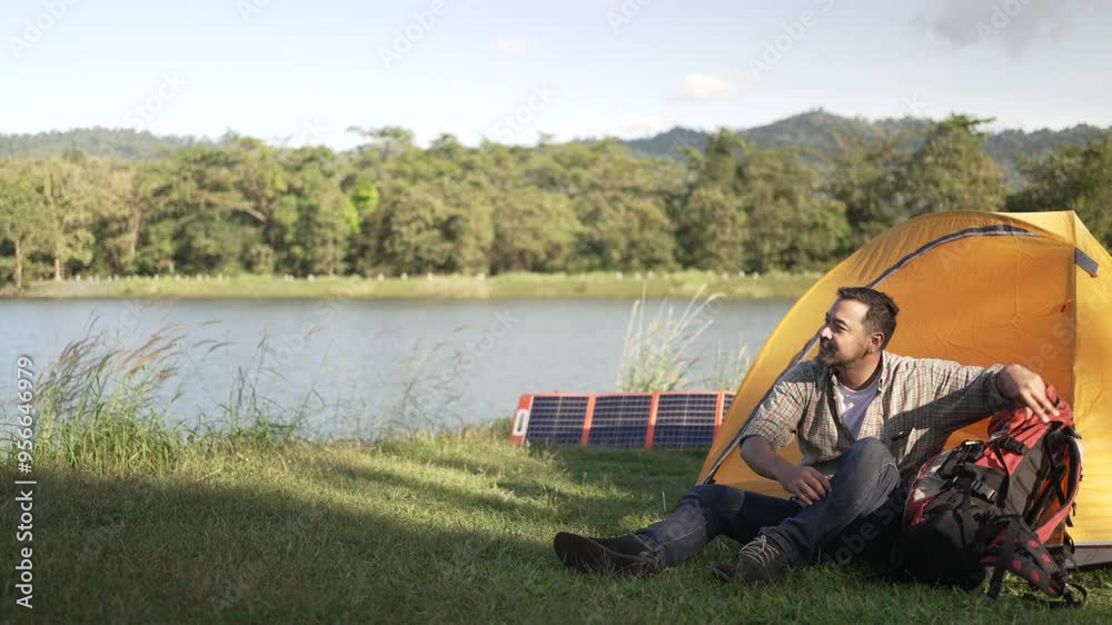 Man go to travel at natural park. Environment, green energy and outdoor activity. Man go to travel at natural park. Environment, green energy and outdoor activity.
