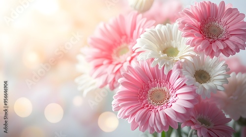 Bouquet of pink and white gerbera daisies, soft pastel background, dreamy romantic atmosphere on left side, gentle sunlight flare, shallow depth of field, macro floral photography.