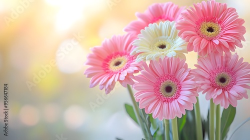 Bouquet of pink and white gerbera daisies, soft pastel background, dreamy romantic atmosphere on left side, gentle sunlight flare, shallow depth of field, macro floral photography.