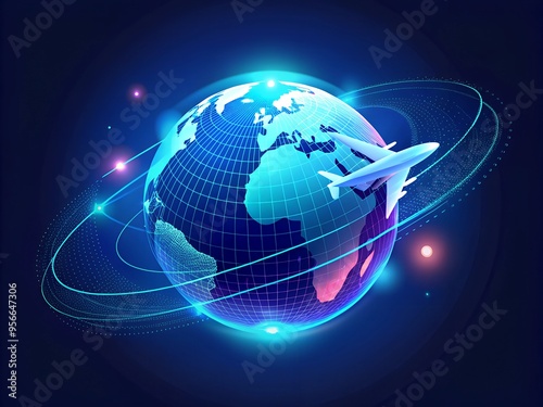 Global business concept: digital network of continents on a blue globe with a compass and airplane  3D illustration of a blue globe with a white airplane flying around it, representing global business