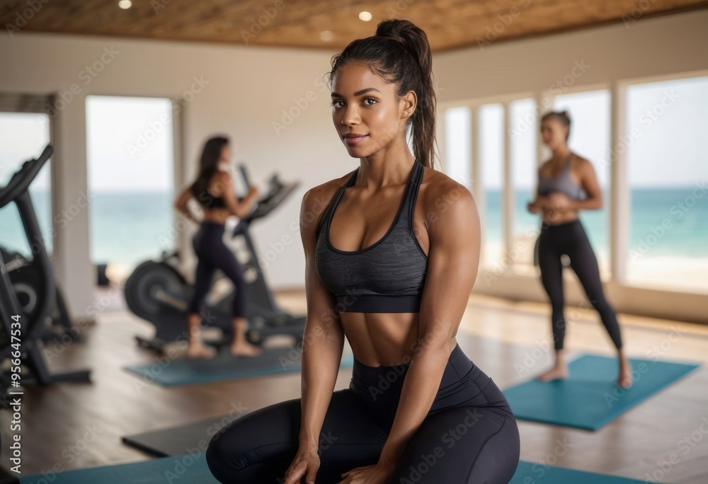 A woman practicing yoga indoors near the beach, focusing on flexibility and mindfulness. A woman practicing yoga indoors near the beach, focusing on flexibility and mindfulness.