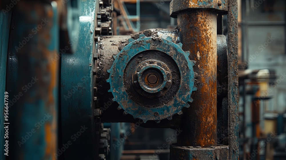 Rusty Gearwheel and Pipe in Industrial Setting Rusty Gearwheel and Pipe in Industrial Setting