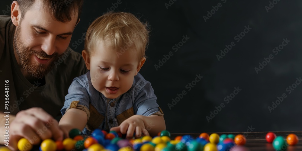 Naklejka premium A heartwarming scene of a father and his young son playing with colorful toy balls, highlighting the bond and joy shared between parent and child in a playful environment.