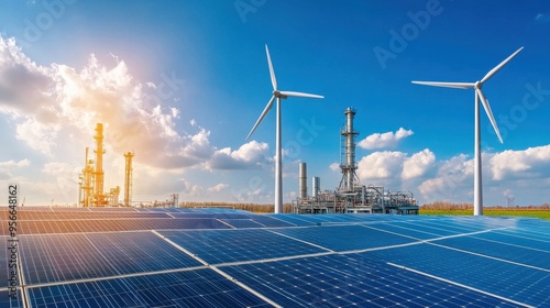 Wind turbines and solar panels next to a refinery producing Sustainable Aviation Fuel