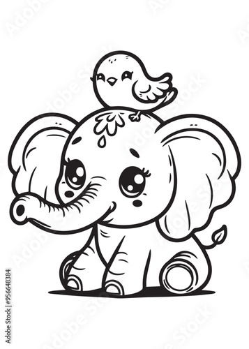 Elephant with cute bird children coloring page 