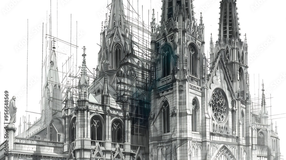 An elaborate pencil drawing of a gothic cathedral with towering spires, intricate stone carvings, and large stained glass windows An elaborate pencil drawing of a gothic cathedral with towering spires, intricate stone carvings, and large stained glass windows