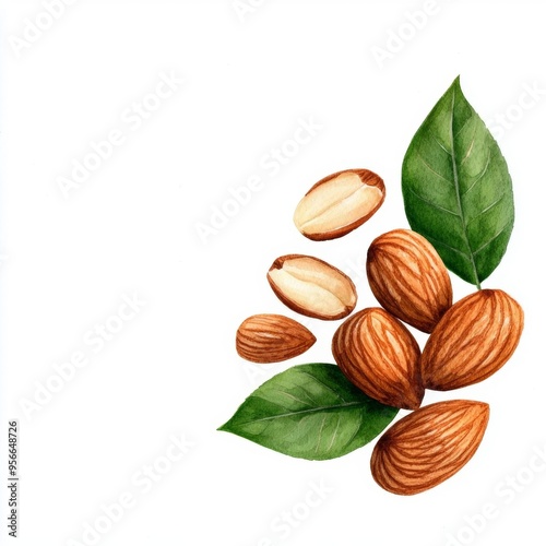 A single cute boho chic topping of almond slivers with tribal patterns, watercolor illustration, clipart, isolated on pure white background