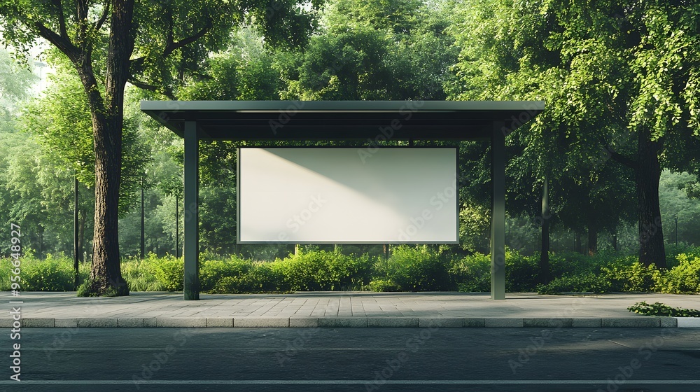 Bus stop shelter with blank white billboard, bright daylight, lush green trees background, concrete ground, modern urban setting, empty advertisement space. Bus stop shelter with blank white billboard, bright daylight, lush green trees background, concrete ground, modern urban setting, empty advertisement space.