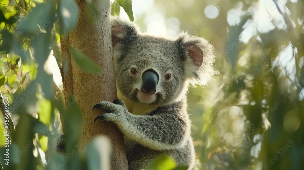 Fototapeta premium Koala Bear Hugging a Tree Trunk