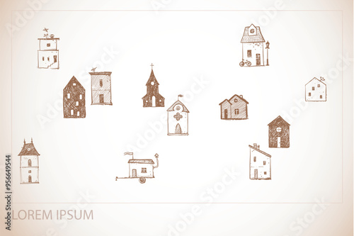 Collection of vintage style sketched buildings and houses arranged unevenly  with place for your text