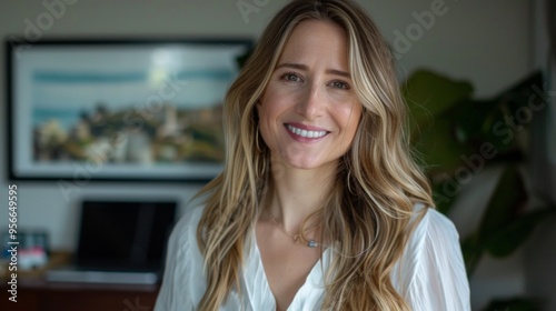 Positive Blond long hair woman at home