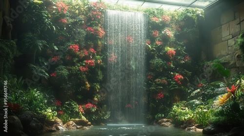 hyperrealistic vertical garden with robotic maintenance systems featuring rare and extinct plant species in a climatecontrolled biodome photo