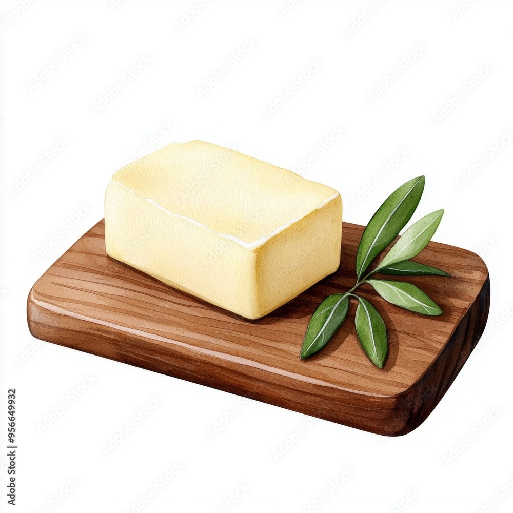 A single cute boho rustic butter dish with a rustic wooden lid, watercolor illustration, clipart, isolated on pure white background A single cute boho rustic butter dish with a rustic wooden lid, watercolor illustration, clipart, isolated on pure white background