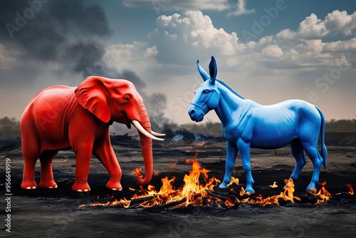 Intense Political Conflict Red Elephant and Blue Donkey Reflect American Ideology Landscape photo