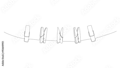 Clothesline one continuous line illustration. Laundry, clothespin doodle illustration