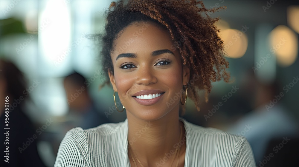 A Portrait of a Smiling Woman with Curly Hair and a Striped Shirt
