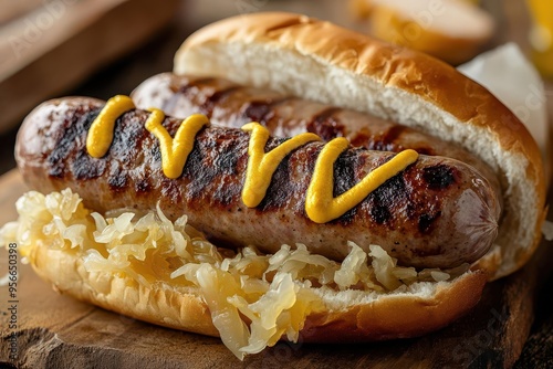 Juicy bratwurst sausages on a bun with sauerkraut, dripping with mustard, hearty and satisfying