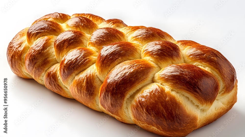 Freshly baked braided challah bread, golden brown crust, soft texture, on white background on left side, food photography, studio lighting, appetizing, warm tones. Freshly baked braided challah bread, golden brown crust, soft texture, on white background on left side, food photography, studio lighting, appetizing, warm tones.