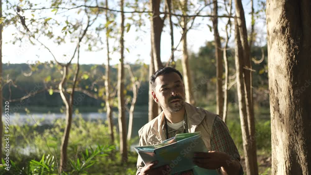 Man go to travel at natural park. Environment and outdoor activity.