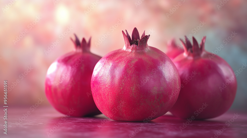 A bunch of red pomegranates with a single one in the middle. The pomegranates are wet and shiny A bunch of red pomegranates with a single one in the middle. The pomegranates are wet and shiny