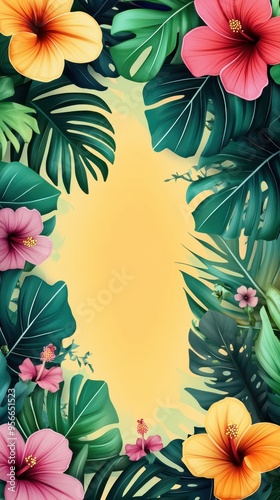 Tropical Floral Border with Yellow Background for Summer Designs