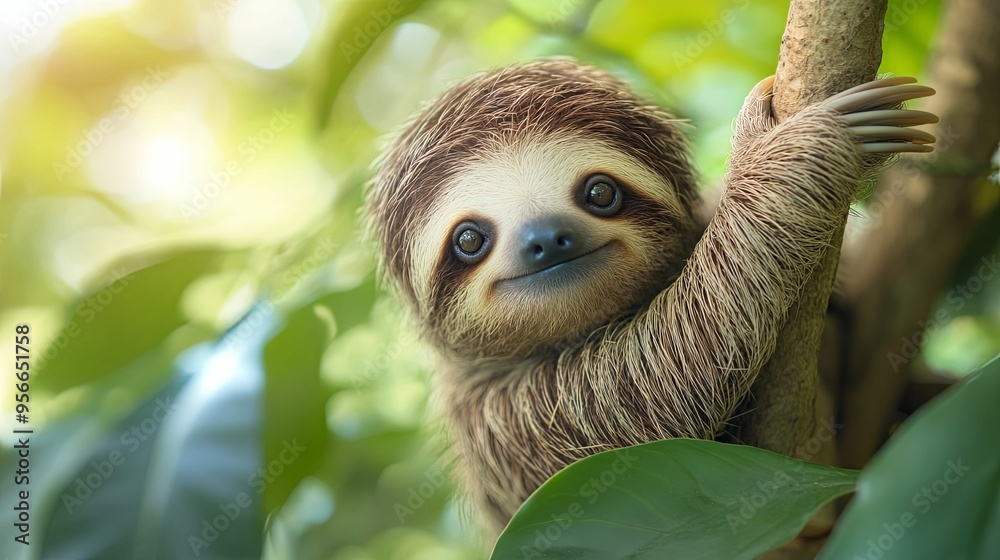 Close-up of a Smiling Sloth Hanging on a Tree Branch Close-up of a Smiling Sloth Hanging on a Tree Branch
