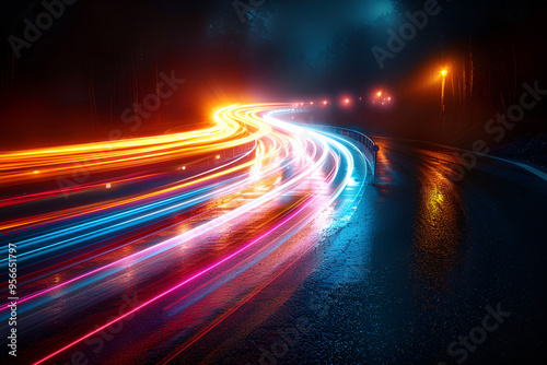  a long exposure photograph of a road at night. The road is wet and there are several streetlights on either side of the road. The lights from the streetlights create a streak of light trails that cre