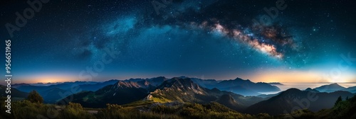 A breathtaking night sky full of stars over a majestic mountain landscape, blending natural beauty and the vastness of the universe in a serene composition. photo