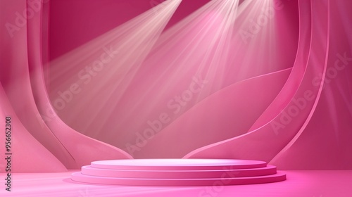3D render, abstract pink background with an empty stage for product presentation and wavy elements