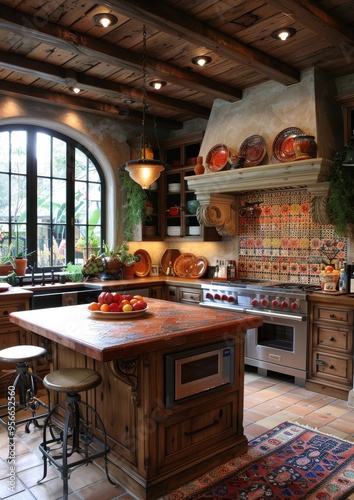 Mediterranean Kitchen A warm kitchen with terracotta tiles, wooden cabinets, and colorful ceramic dishes. Include a large island and wrought iron light fixtures. 