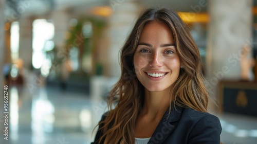 Close-up portrait of a woman with cheerful expression, long wavy hair, black blazer and white top. The ambience of the room hints at a spacious place, such as a shopping centre, Free Download Close-up portrait of a woman with cheerful expression, long wavy hair, black blazer and white top. The ambience of the room hints at a spacious place, such as a shopping centre, - GFXLoad