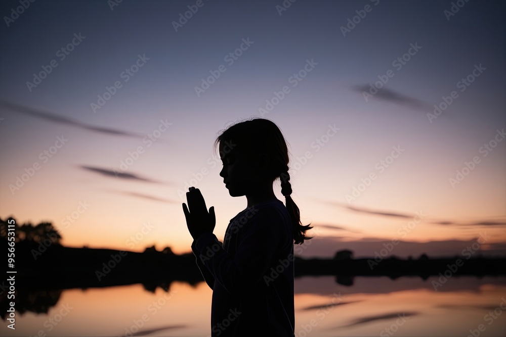 Fototapeta premium Twilight Silhouette of a Young Girl Praying Reflecting Harmony and Spirituality