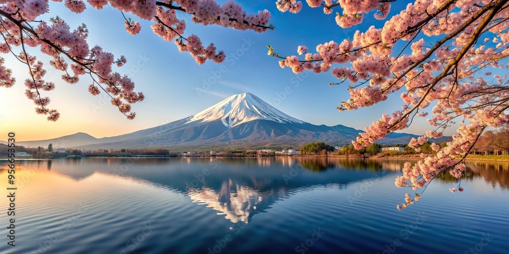 Fototapeta premium Japanese cherry sakura blossoms in full bloom with Mount Fuji reflected in calm waters, landscape, cherry blossoms, Mount Fuji, tranquil, nature, scenery,Japan, beautiful, traditional, beauty