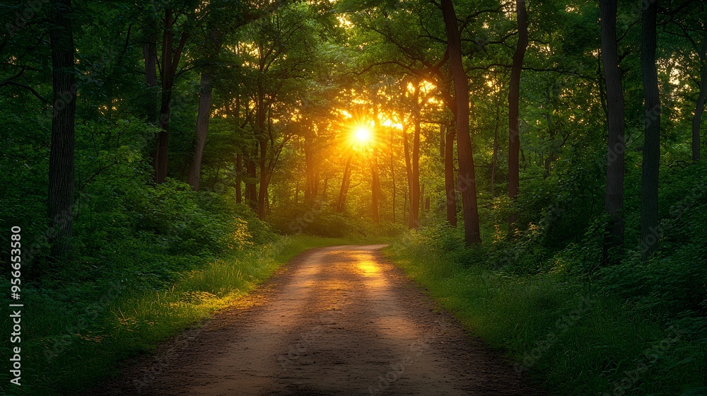 Fototapeta premium Sunlit forest path, bright woodland trail, dappled sunlight, lush green canopy, dirt road through trees, golden hour illumination, vibrant foliage, nature photography.