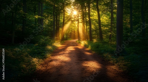 Sunlit forest path, bright woodland trail, dappled sunlight, lush green canopy, dirt road through trees, golden hour illumination, vibrant foliage, nature photography.