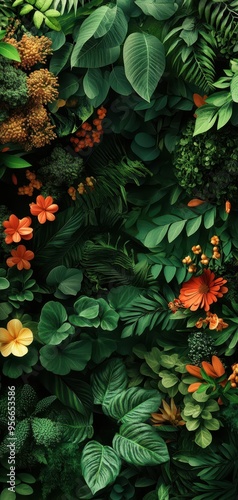 A vibrant and lush foliage background featuring various green leaves and colorful flowers, ideal for nature-themed designs. photo