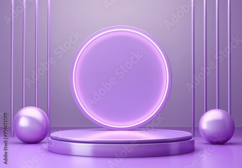 3D vector podium scene with an empty round stand and a purple background for product presentation. The cosmetic theme features light violet colors