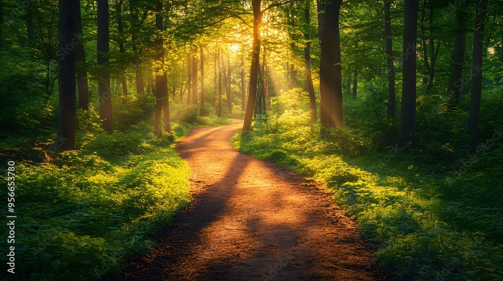 Fototapeta premium Sunlit forest path, bright woodland trail, dappled sunlight, lush green canopy, dirt road through trees, golden hour illumination, vibrant foliage, nature photography.