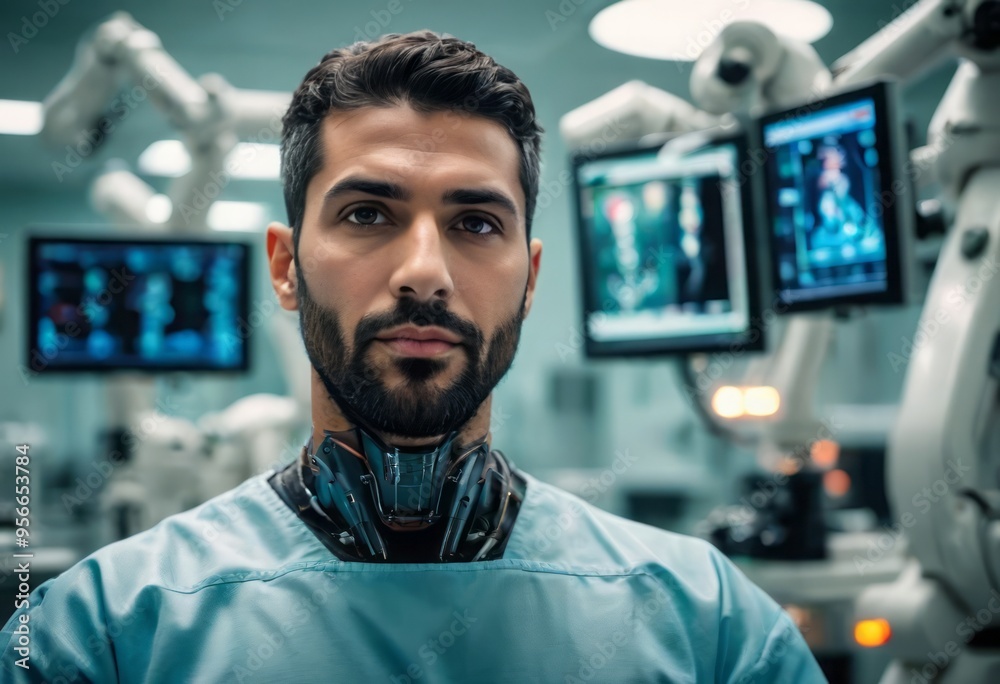 A surgeon in full scrubs, getting ready for an operation in a state-of-the-art surgical room. A surgeon in full scrubs, getting ready for an operation in a state-of-the-art surgical room.