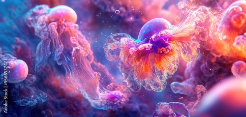 A vibrant underwater scene featuring colorful jellyfish floating gracefully in a mystical environment, creating an enchanting atmosphere.