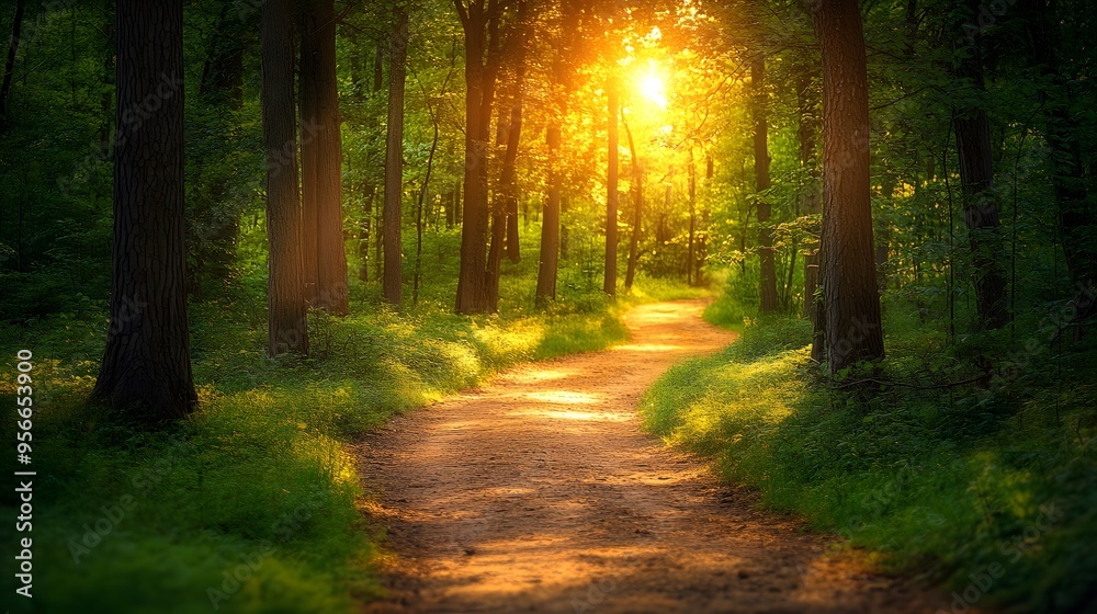 Fototapeta premium Sunlit forest path, bright woodland trail, dappled sunlight, lush green canopy, dirt road through trees, golden hour illumination, vibrant foliage, nature photography.