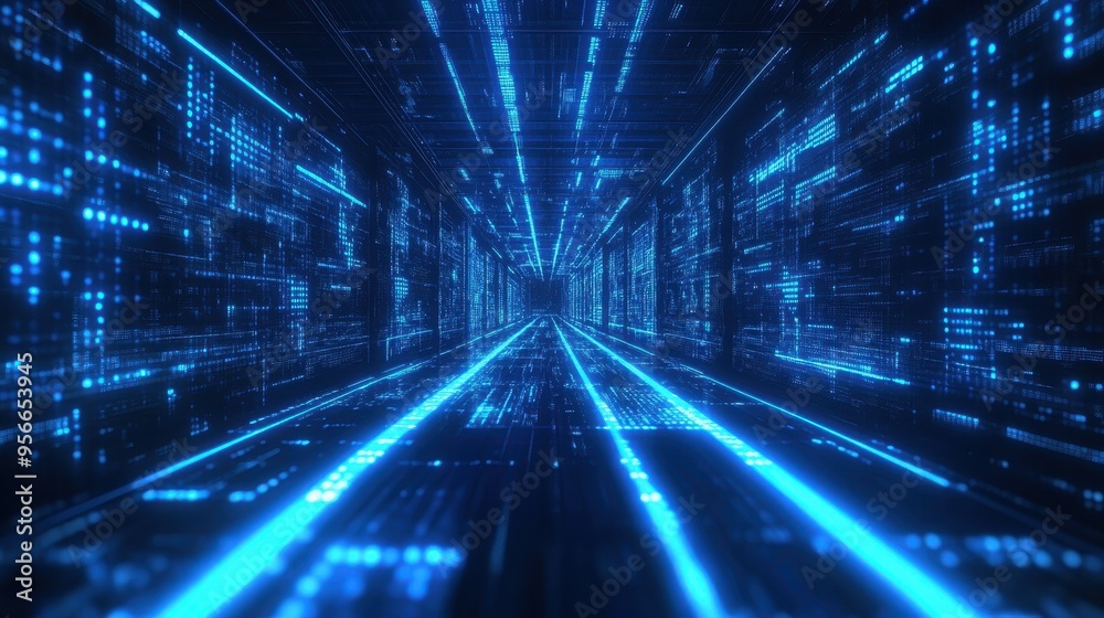 Futuristic Digital Tunnel with Glowing Blue Lines and Data Streams. Futuristic Digital Tunnel with Glowing Blue Lines and Data Streams.