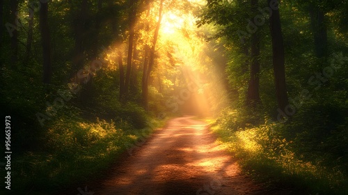 Sunlit forest path, bright woodland trail, dappled sunlight, lush green canopy, dirt road through trees, golden hour illumination, vibrant foliage, nature photography.