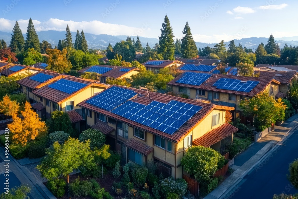 Breathtaking aerial view of a peaceful neighborhood with solar panels on rooftops. This image embodies sustainability and modern living. A perfect blend of nature and technology. Generative AI Breathtaking aerial view of a peaceful neighborhood with solar panels on rooftops. This image embodies sustainability and modern living. A perfect blend of nature and technology. Generative AI