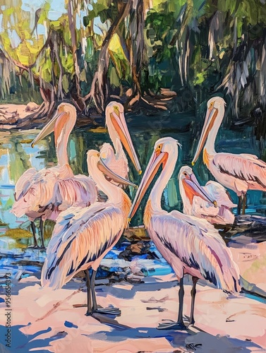 Oil painting depicting a group of large pink pelicans in a lagoon showcasing wildlife observation and various bird species on a bright day photo