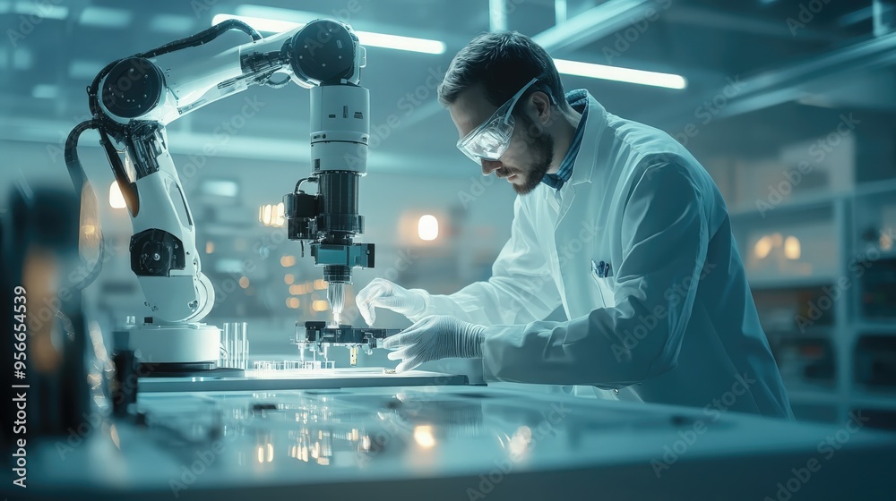 A robotics engineer assembling a robot