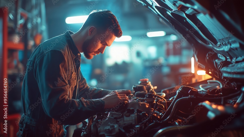 An automotive engineer examining the engine to improve performance. An automotive engineer examining the engine to improve performance.