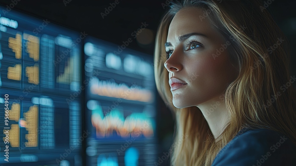 A Woman Focused on Data Displayed on a Screen A Woman Focused on Data Displayed on a Screen