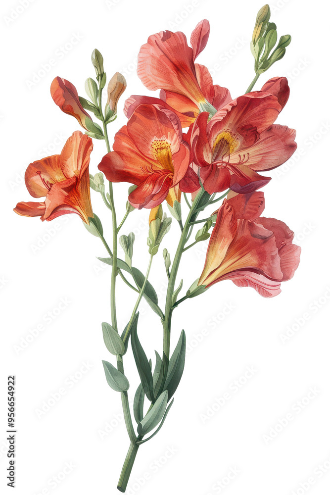 Fototapeta premium A beautiful Freesia flower with green leaves, perfect for decorative, watercolor art, nature-themed designs, PNG transparent background