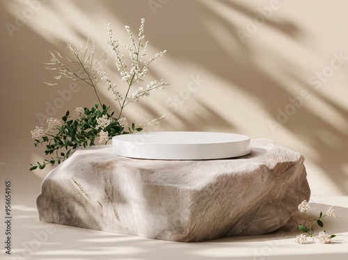 A round white podium on top of a large, flat rock with plants and a beige background. This is a mockup template for product presentation